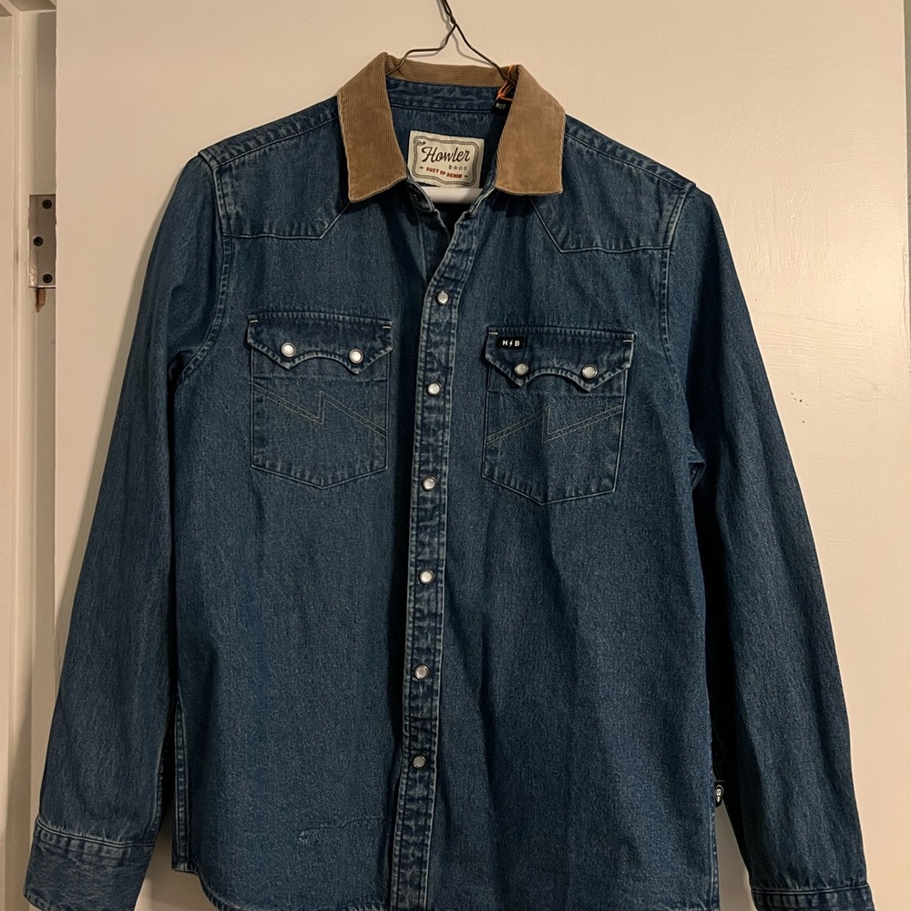 Howler Brothers Blue Denim Button Down Shirt with Tan Collar